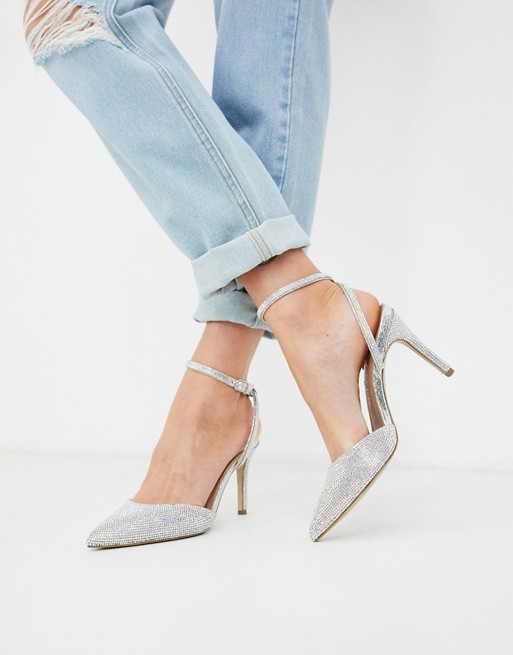 New Look embellished heeled shoes in silver