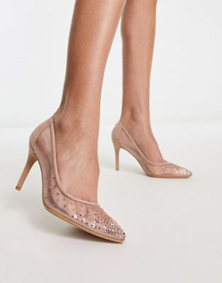 New Look embellished mesh court heeled shoes in oatmeal