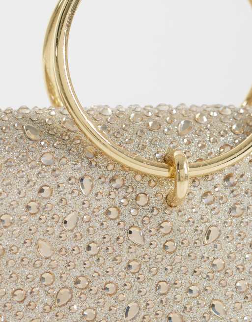 New Look embellished ring handle clutch bag in gold, 3 of 4