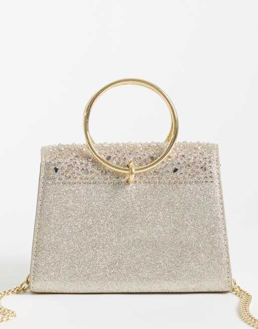 New Look embellished ring handle clutch bag in gold, 4 of 4