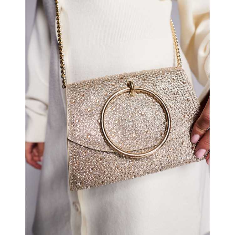 New Look embellished stone ring handle clutch bag in gold ASOS