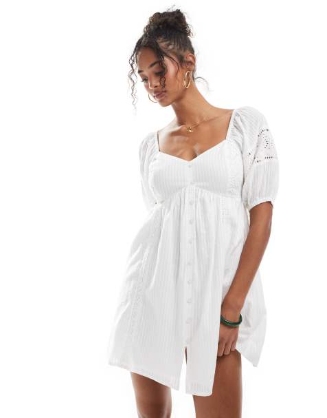New Look embroidered button through mini dress in white - view 1