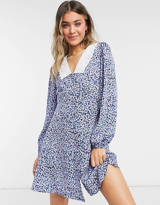 New Look embroidered collar mini dress in blue ditsy floral