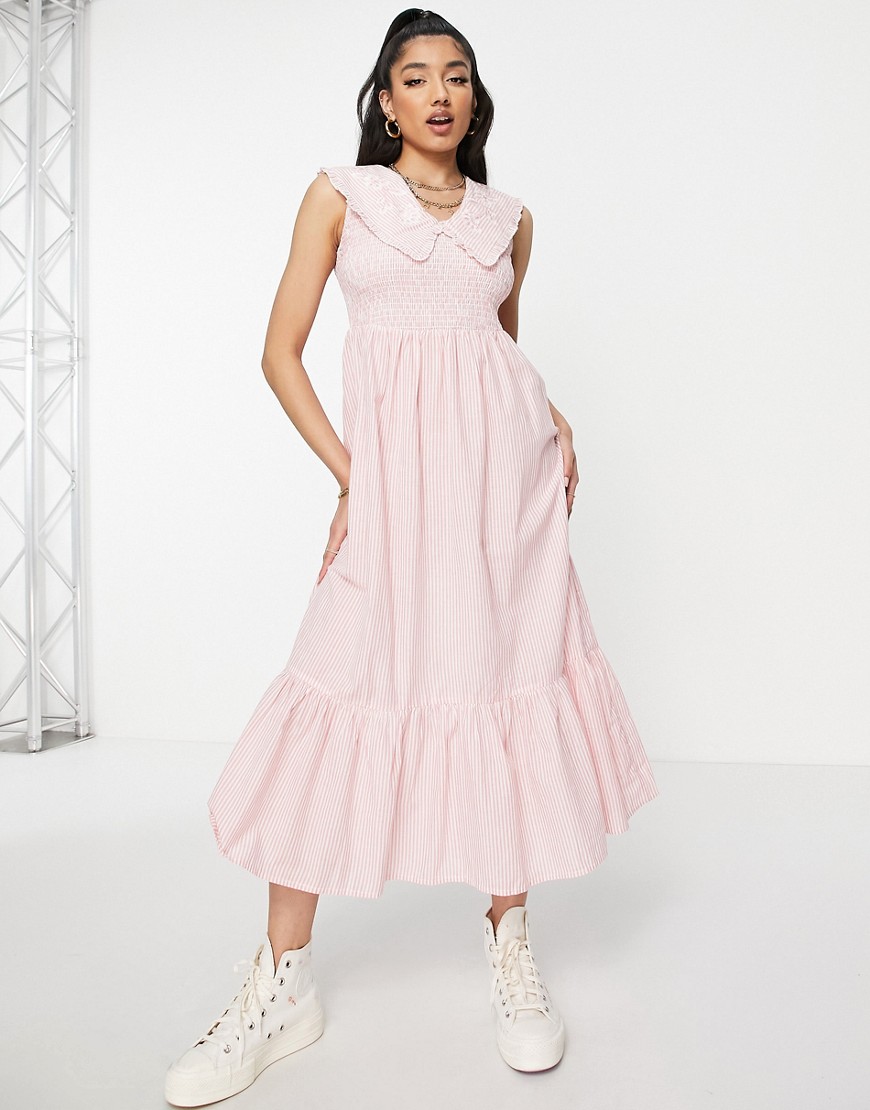 New Look embroidered collar shirred midi dress in pink stripe