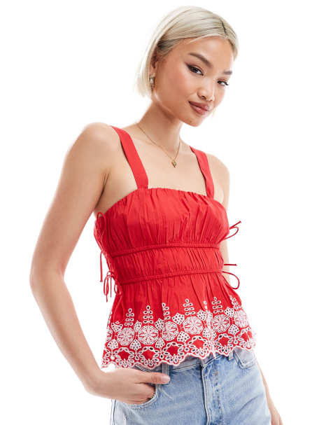 New Look embroidered hem strappy cami in red - view 1