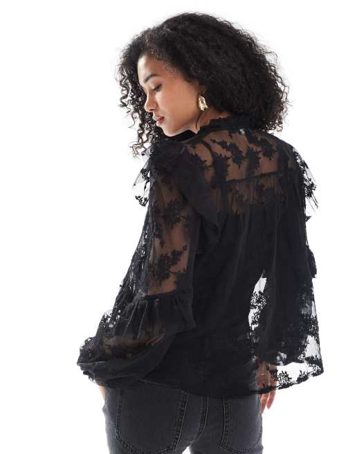 New Look embroidered lace blouse in black, 3 of 4