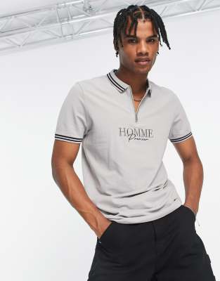 New Look embroidered pique polo shirt in light gray
