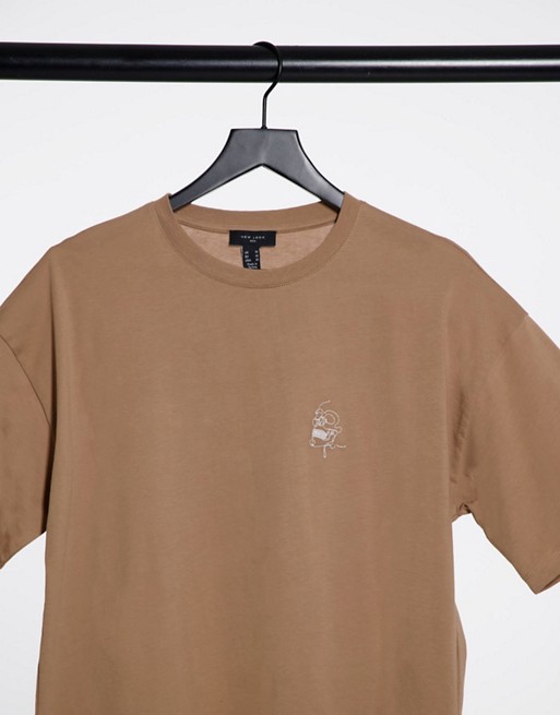 New Look embroidered skull print t-shirt in camel