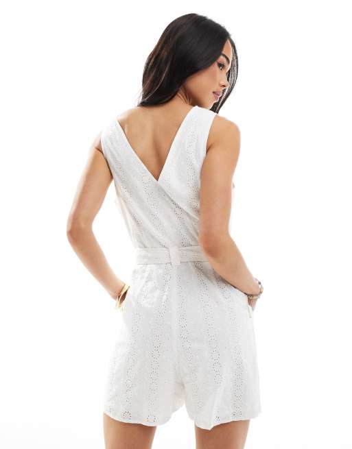 New Look embroidered sleeveless playsuit in white ASOS