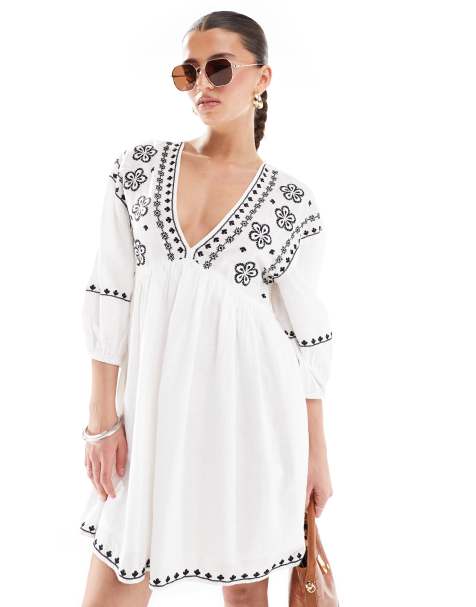 New Look embroidered smock mini dress in white - view 1