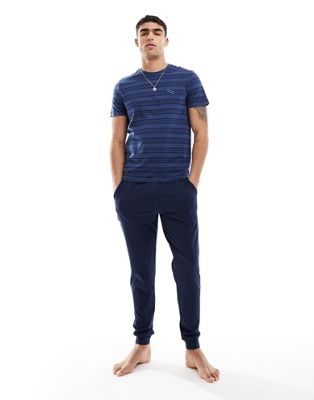 New Look embroidered striped jogger pyjama set in navy