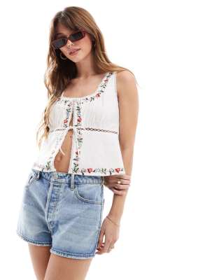 New Look New Look embroidered tie front linen top in white