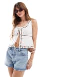 [New Look] New Look embroidered tie front linen top in white 18 White