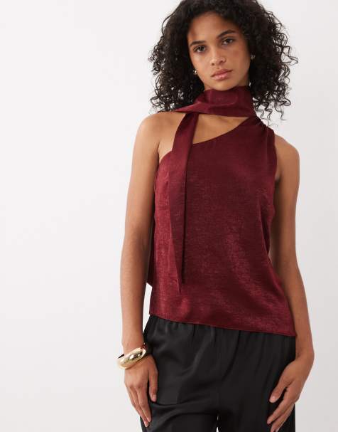 New Look enaxlad satintopp med scarf-ringning i vinröd - view 1