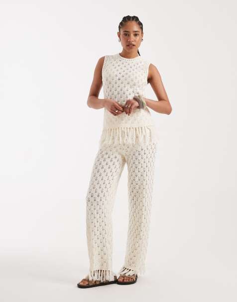 New Look - Ensemble pantalon et débardeur en maille à ourlet frangé - Crème - view 1
