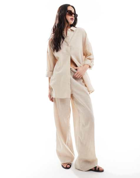 New Look - Ensemble pantalon, short et chemise en coton flammé - Crème - view 1