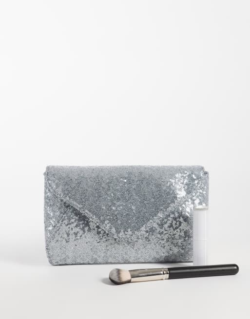 New Look envelopclutch met lovertjes in zilver, 2 van 4