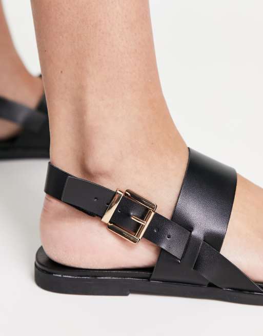 Black wide best sale fit flat sandals