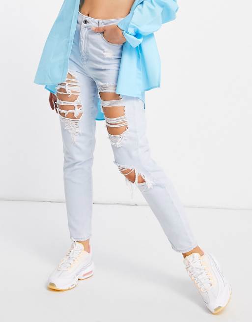 New Look extreme rip mom jeans in bleach blue