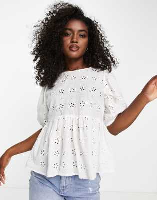 New Look Eyelet Peplum Blouse In White