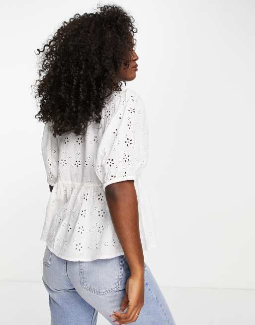 ASOS DESIGN eyelet tie front top in white