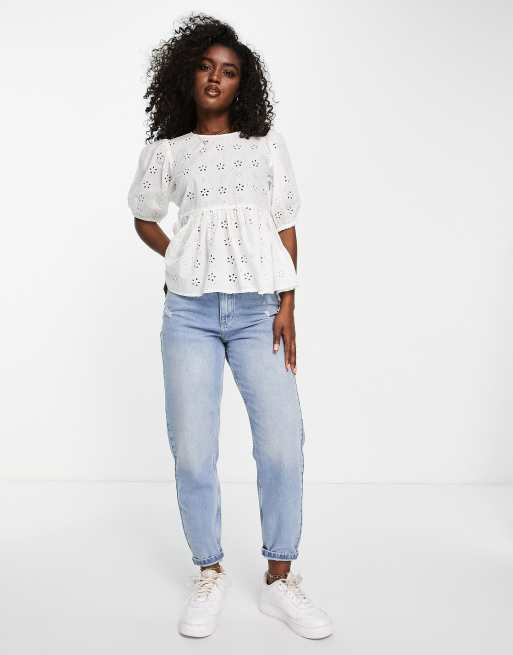 New Look eyelet peplum blouse in white