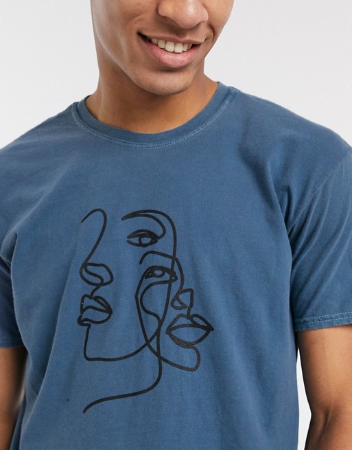 New Look face sketch over dyed t-shirt in blue