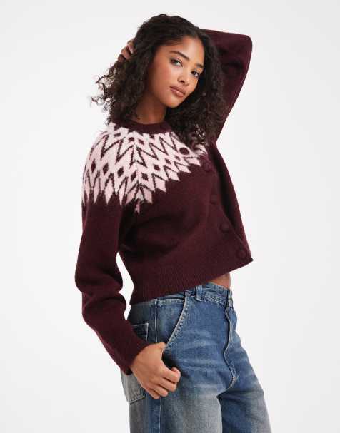 New Look fair isle crew neck cardigan in red - view 1