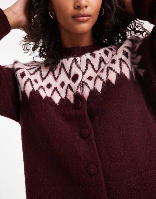 New Look fair isle crew neck cardigan in red, 2 of 4
