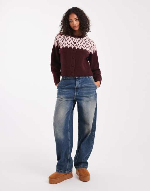New Look fair isle crew neck cardigan in red, 3 of 4