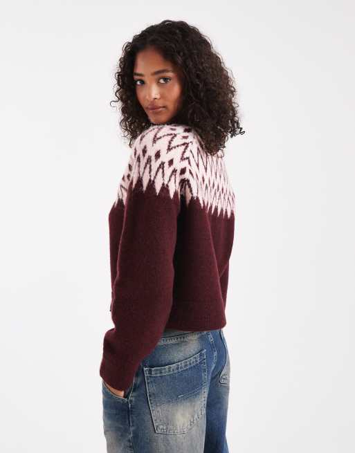 New Look fair isle crew neck cardigan in red, 4 of 4