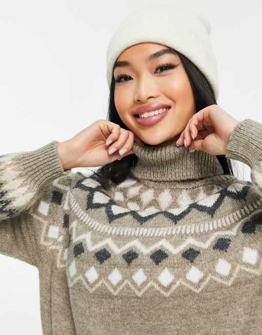New Look fair isle roll neck jumper in brown | ASOS