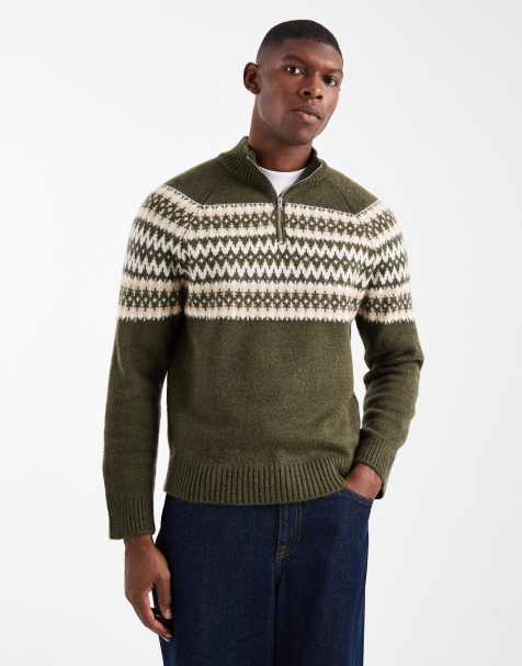 New Look fairisle knit 1/4 zip jumper in green - view 1