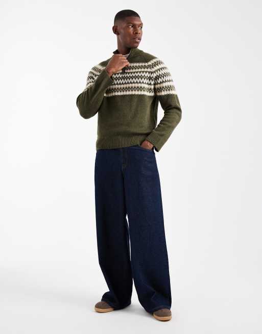 New Look fairisle knit 1/4 zip jumper in green, 2 of 5