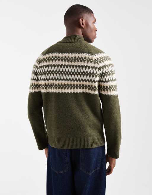 New Look fairisle knit 1/4 zip jumper in green, 3 of 5