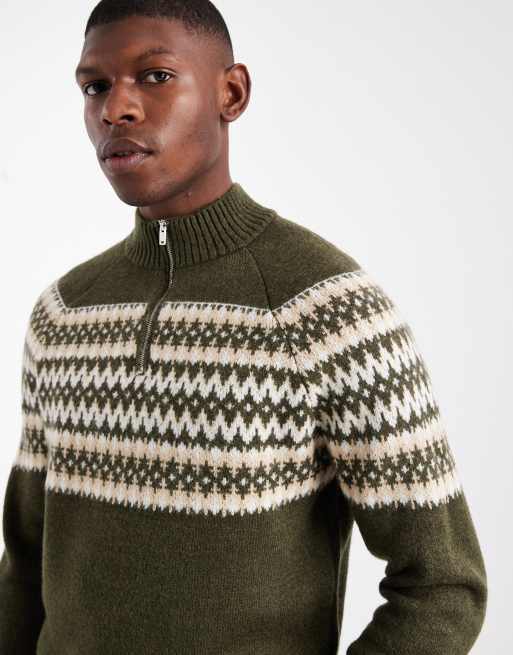New Look fairisle knit 1/4 zip jumper in green, 5 of 5