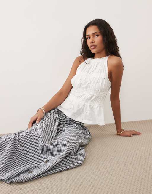 New Look - Falda midi a cuadros vichy negros con botones, 5 de 5