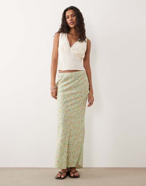 New Look - Falda midi verde de corte al bies con estampado floral de fibras hiladas - view 1