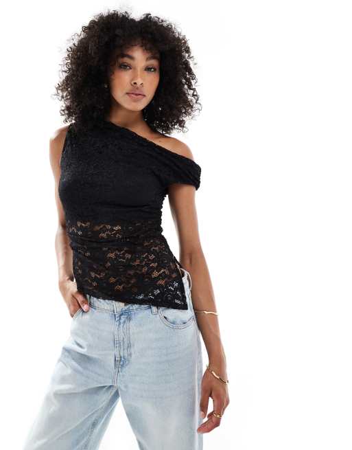 New Look fallen shoulder lace top in black, 2 of 4