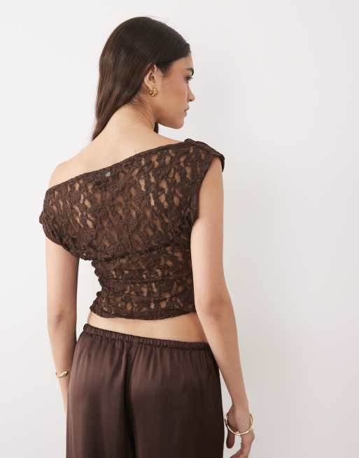 New Look fallen shoulder lace top in dark brown, 4 of 4