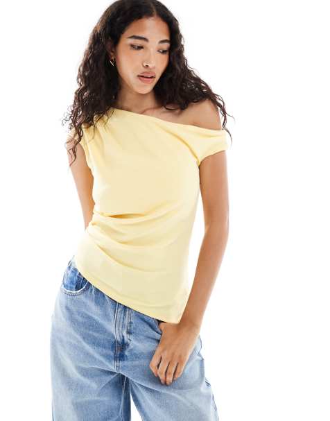 New Look fallen shoulder scuba top in yellow - view 1
