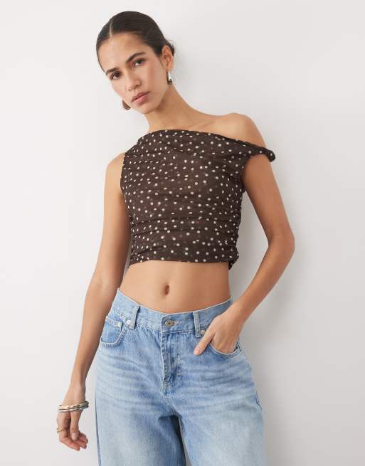 New Look fallen shoulder top in brown polka dot, 2 of 4