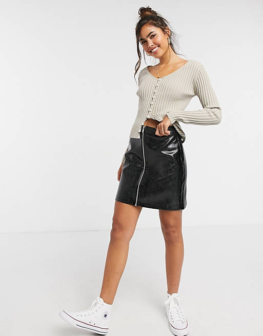 New Look faux croc zip mini skirt in black