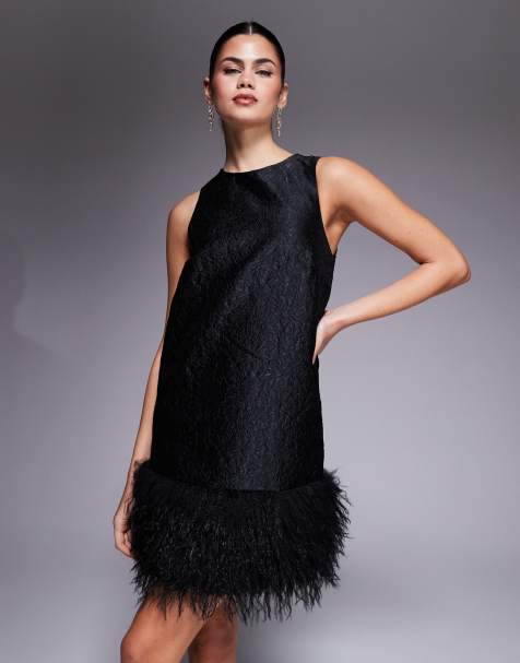 New Look faux feather trim jacquard mini dress in black