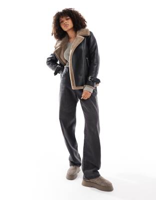 New Look New Look faux fur aviator jacket in black