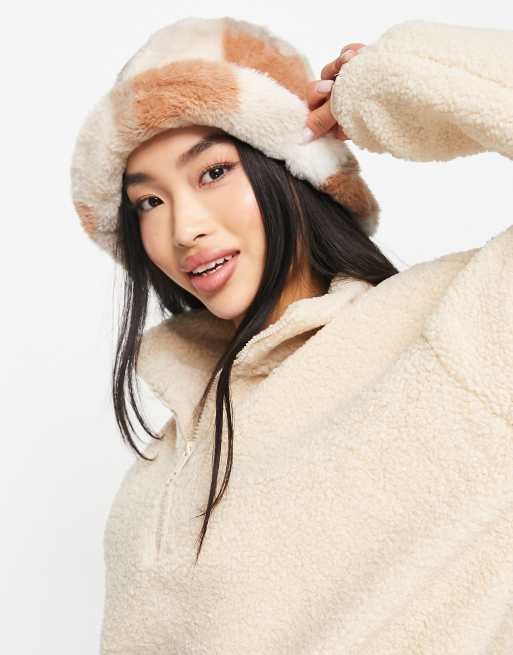 New Look faux fur bucket hat in neutral checkerboard
