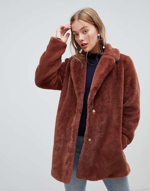 New Look faux fur coat in brown | ASOS