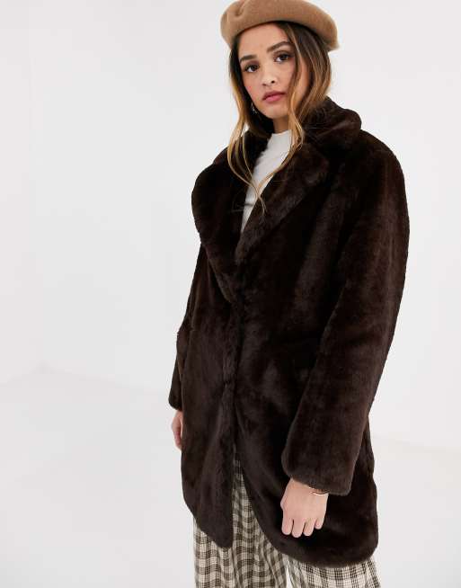 New Look faux fur coat in chocolate