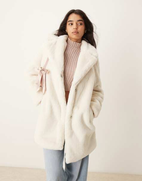 New Look faux fur coat in cream - view 1