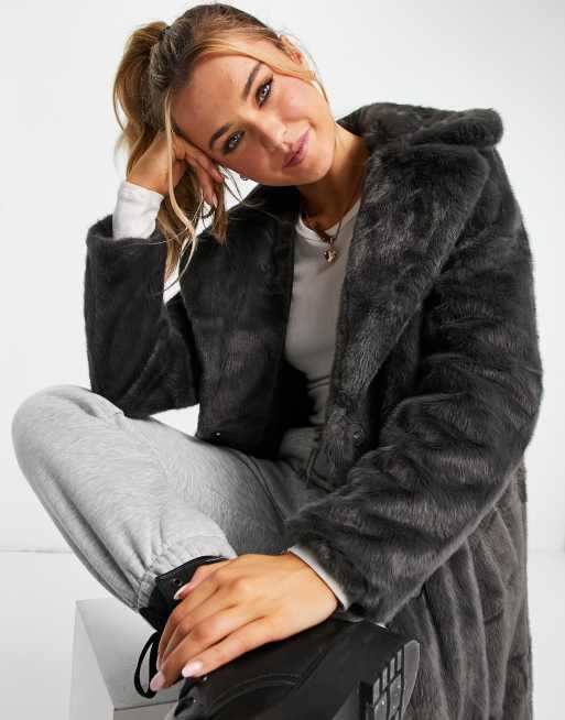 Dark grey faux cheap fur coat